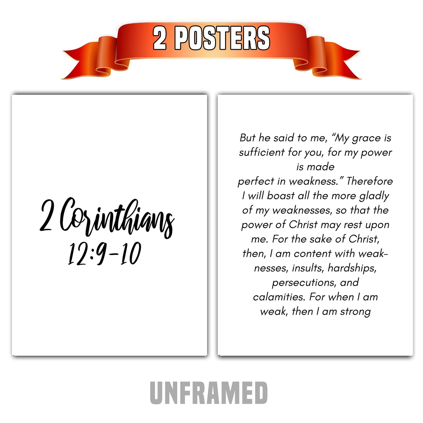 2 Corinthians 12:9-10, Bible Verse Quote, Set of 2 Poster Prints, Home Wall Art Décor, Minimalist Prints, Multiple Sizes