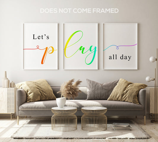 Lets Play All Day, Set of 3 Colored Prints, Playroom Game Room Quotes, Minimalist Art, Home Wall Decor, Typography Art, Multiple Sizes