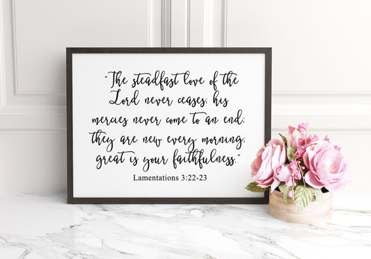 The Steadfast Love of the Lord, Lamentations 3:22-23, Bible Verse Poster Print, Horizontal Home Wall Art Décor, Multiple Sizes