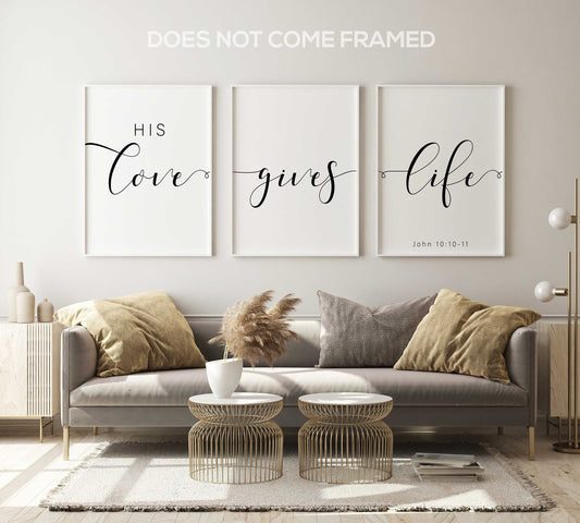 His Love Give Life, Bible Verse, Set of 3 Poster Prints, Minimalist Art, Home Wall Decor