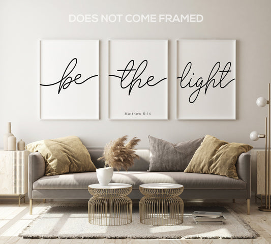 Be The Light, Matthew 5:14, Bible Verse Quote, Set of 3 Poster Prints, Minimalist Art, Home Wall Decor