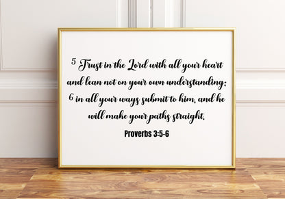 Trust in the Lord with all your heart, Proverbs 3:5-6, Bible Verse Poster Print, Multiple Sizes, Home Wall Art Decor