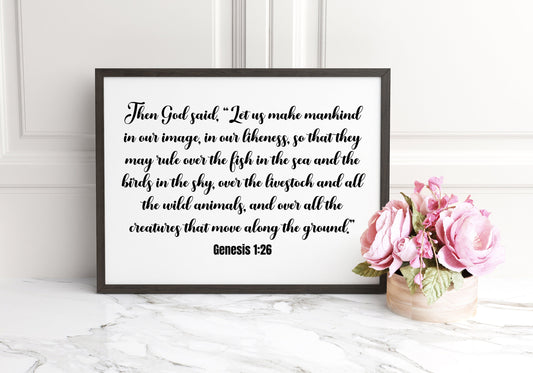 Let us make mankind in our image, in our likeness, Genesis 1:26, Bible Verse Poster Print, Multiple Sizes, Home Wall Art Decor