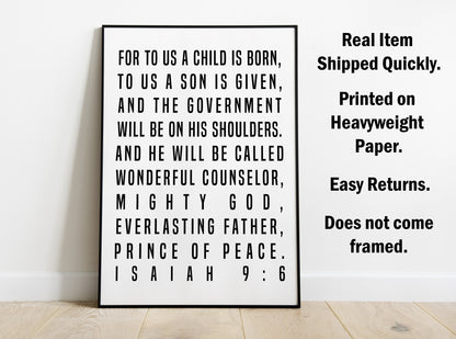 Isaiah 9:6, Bible Verse Quote, Poster Print, Home Wall Decor