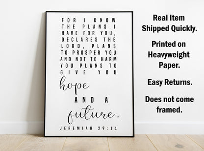 Jeremiah 29:11, Bible Verse Quote, Poster Print, Home Wall Decor