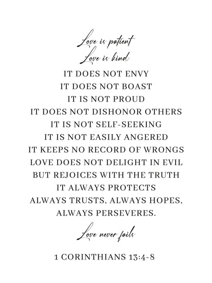 1 Corinthians 13:4-8, Bible Verse Quote, Poster Print, Home Wall Decor