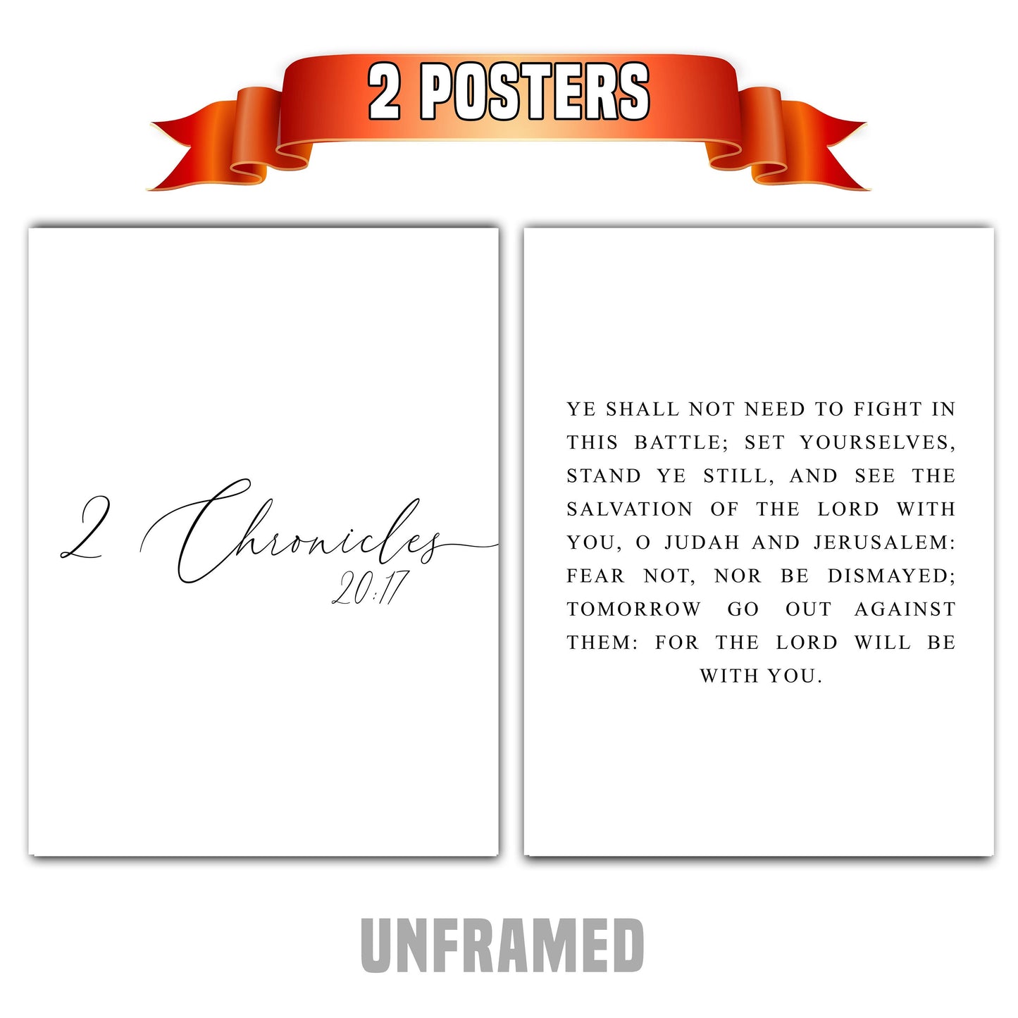 2 Chronicles 20:17, Bible Verse Quote, Set of 2 Poster Prints, Home Wall Art Décor, Multiple Sizes