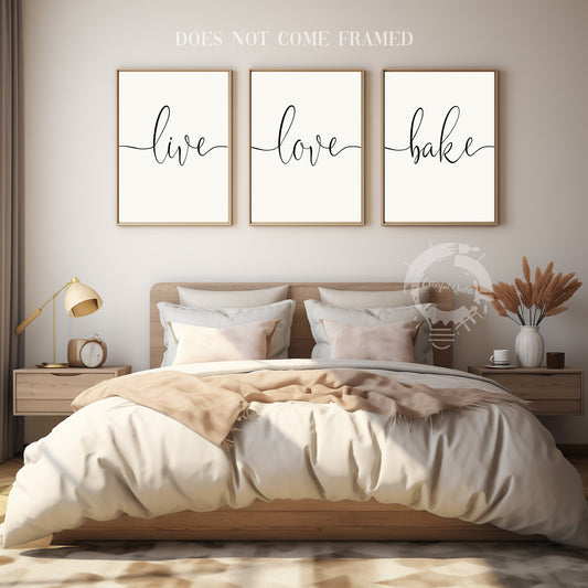 Live Love Bake, Set of 3 Prints, Baker Kitchen Sign, Minimalist Art, Home Wall Decor, Typography Art, Kitchen Wall Art, Multiple Sizes