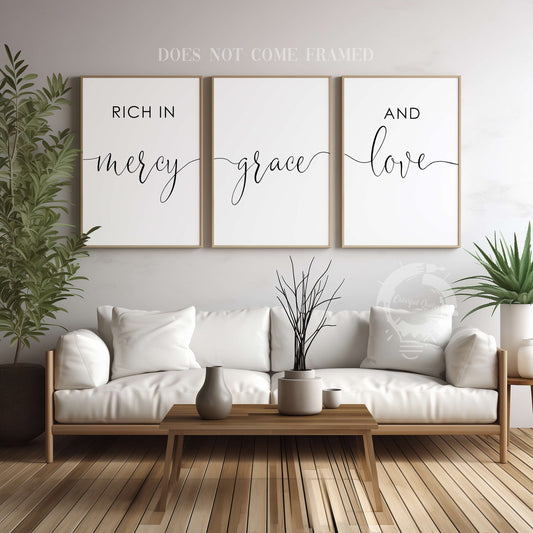 Rich in Mercy Grace and Love, Set of 3 Prints, Minimalist Art, Home Wall Decor, Multiple Sizes