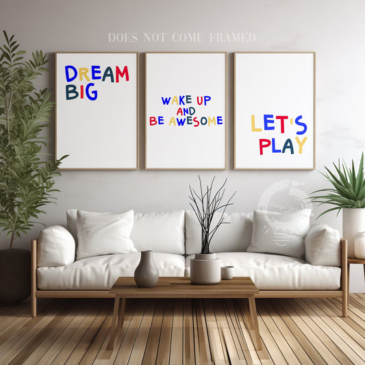 Dream Big, Wake Up and Be Awesome,  Let's Play, Set of 3 Prints, Minimalist Art, Home Wall Decor, Typography Art, Wall Art, Multiple Sizes