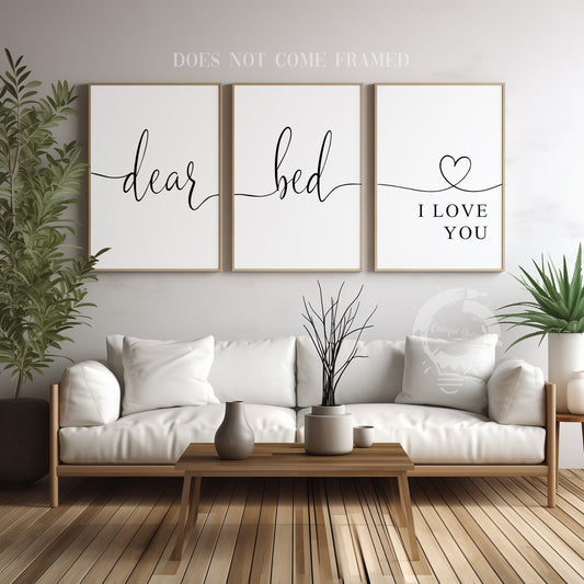 Dear Bed I Love You Art, Inspirational Love Wall Art, Dear Bed, Minimalist Typography Wall Decor, Wall Art Decor Canvas Poster Set of 3