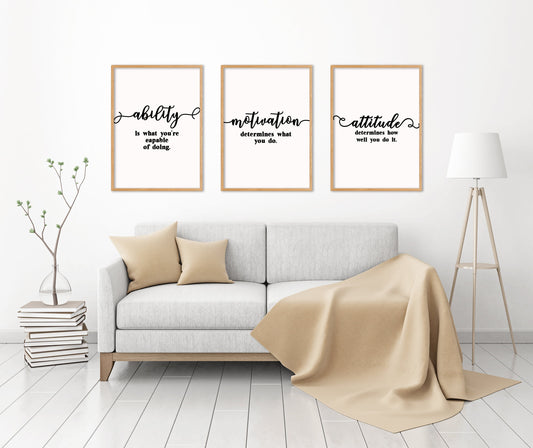 Ability Motivation Attitude, Quote Poster Print,  Home Wall Art Decor, Set of 3 Prints