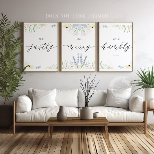 Act Justly Love Mercy Walk Humbly, Micah 6:8, Bible Verse, Set of 3 Prints, Minimalist Art, Home Wall Decor, Multiple Sizes