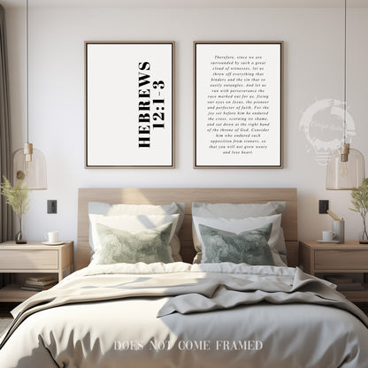 Hebrews 12:1-3, Bible Verse Quote, Set of 2 Poster Prints, Home Wall Art Décor, Multiple Sizes