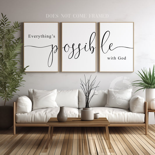 Everything's Possible with God Quote, Set of 3 Poster Prints, Home Wall Art Decor