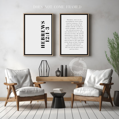 Hebrews 12:1-3, Bible Verse Quote, Set of 2 Poster Prints, Home Wall Art Décor, Multiple Sizes