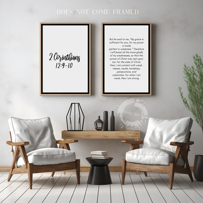 2 Corinthians 12:9-10, Bible Verse Quote, Set of 2 Poster Prints, Home Wall Art Décor, Minimalist Prints, Multiple Sizes