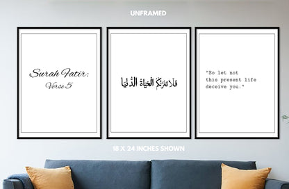 Surah Fatir - Verse 5, Quranic, Religious, Set of 3 Poster Prints, Wall Art Décor