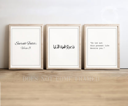 Surah Fatir - Verse 5, Quranic, Religious, Set of 3 Poster Prints, Wall Art Décor